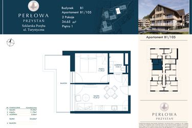 Rzut - Mieszkanie na sprzedaż 2 pokoje o powierzchni 34,65 m² - numer B1/105 w Perłowa Przystań - Szklarska Poręba