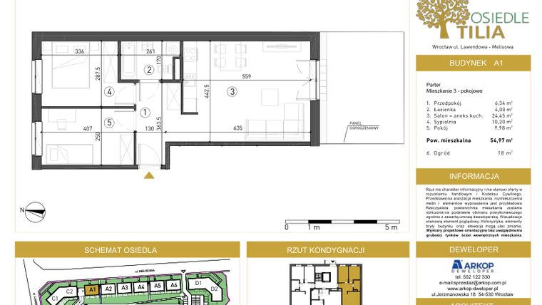Rzut - Mieszkanie na sprzedaż 3 pokoje o powierzchni 54,97 m² - numer A1/0/1 w Osiedle Tilia