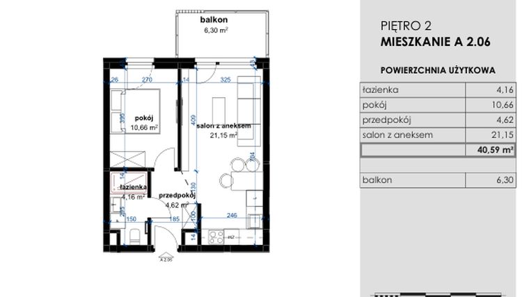 Rzut - Mieszkanie na sprzedaż 2 pokoje o powierzchni 40,59 m² - numer A 2.06 w Osiedle Kwiatowe