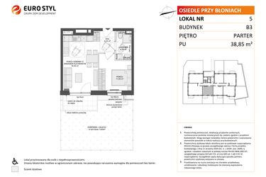 Rzut - Mieszkanie na sprzedaż 2 pokoje o powierzchni 38,85 m² - numer B3.5 w Osiedle Przy Błoniach 3 etap III