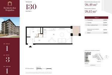 Rzut - Mieszkanie na sprzedaż 1 pokój o powierzchni 26,49 m² - numer 1.M130 w Krakowska Rogatka