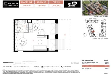 Rzut - Mieszkanie na sprzedaż 1 pokój o powierzchni 42,6 m² - numer B1.3.39 w Browary Tarnowskie etap 1