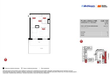 Rzut - Mieszkanie na sprzedaż 1 pokój o powierzchni 44,37 m² - numer C2E 120 w Modern Mokotów etap 3, budynek C1 i C2