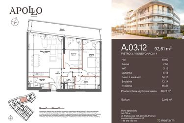 Rzut - Mieszkanie na sprzedaż 3 pokoje o powierzchni 88,75 m² - numer A.3.12 w Apollo Residence