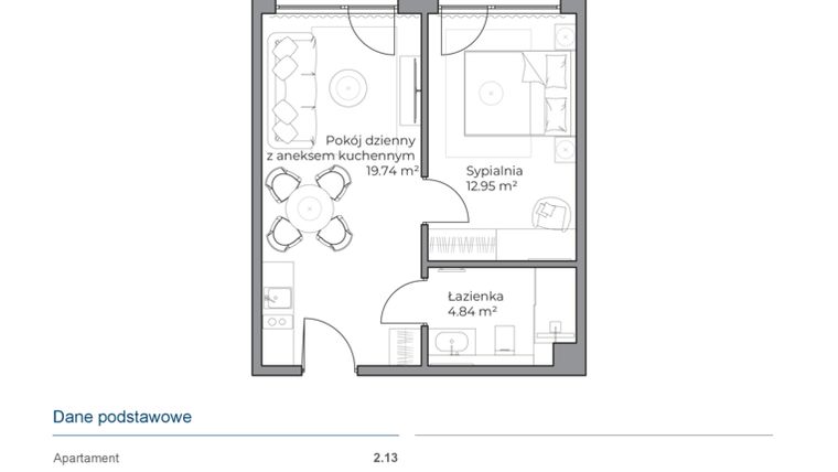 Rzut - Mieszkanie na sprzedaż 2 pokoje o powierzchni 37,58 m² - numer B.2.13 w Anchoria Holiday