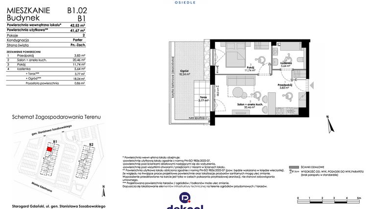 Rzut - Mieszkanie na sprzedaż 2 pokoje o powierzchni 41,67 m² - numer B1.02 w Osiedle Chabrowe