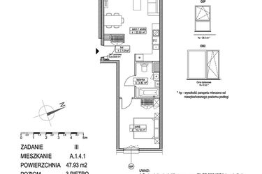Rzut - Mieszkanie na sprzedaż 2 pokoje o powierzchni 47,79 m² - numer A.1.4.1 w Atut III
