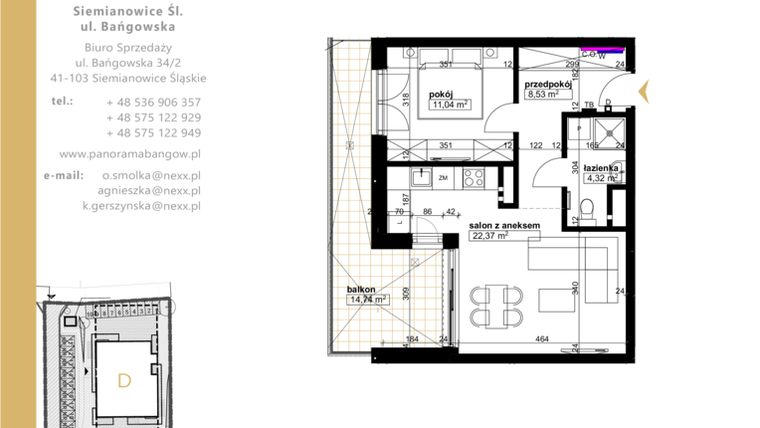Rzut - Mieszkanie na sprzedaż 2 pokoje o powierzchni 46,26 m² - numer E.2.1 w Panorama Bańgów Etap II
