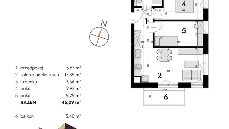 Rzut - Mieszkanie na sprzedaż 3 pokoje o powierzchni 46,09 m² - numer OK-19 w OKI DOKI