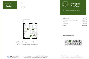 Rzut - Mieszkanie na sprzedaż 2 pokoje o powierzchni 40,22 m² - numer 3.A.1.14 w Murapol EcoOne