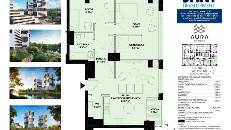 Rzut - Mieszkanie na sprzedaż 3 pokoje o powierzchni 76,56 m² - numer C.16.128 w Aura Towers