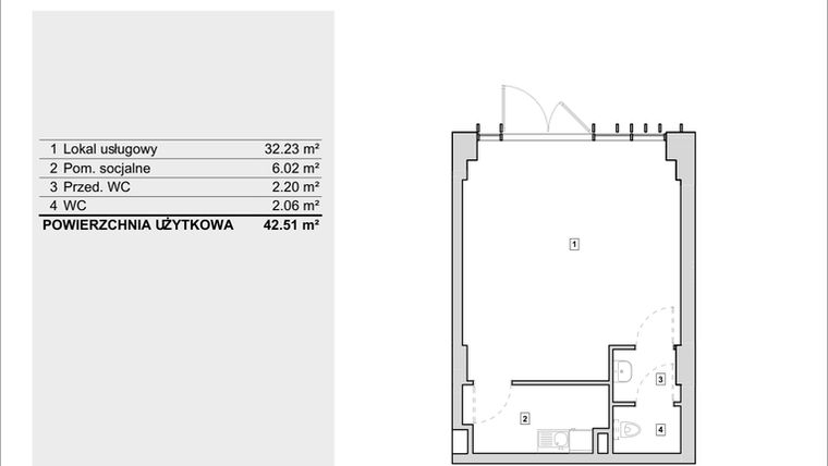 Rzut - Lokal użytkowy na sprzedaż 1 pokój o powierzchni 42,51 m² - numer H2-U-0-1 w Heyki City