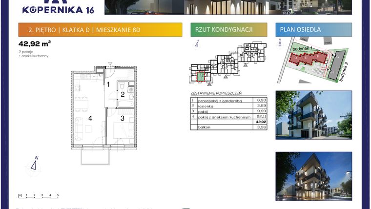 Rzut - Mieszkanie na sprzedaż 2 pokoje o powierzchni 42,92 m² - numer D08 w Kopernika Szesnaście