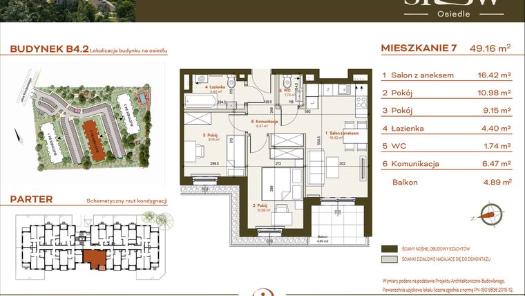 Rzut - Mieszkanie na sprzedaż 3 pokoje o powierzchni 49,16 m² - numer B4.2.7 w Osiedle SLOW
