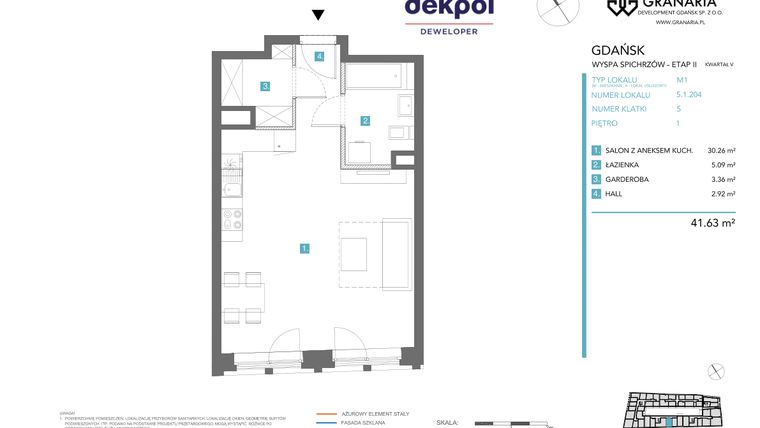 Rzut - Mieszkanie na sprzedaż 1 pokój o powierzchni 41,63 m² - numer 5.1.204 w Granaria