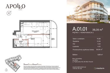 Rzut - Mieszkanie na sprzedaż 2 pokoje o powierzchni 38,06 m² - numer A.1.01 w Apollo Residence