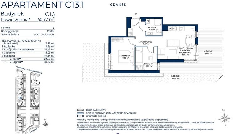 Rzut - Mieszkanie na sprzedaż 3 pokoje o powierzchni 50,7 m² - numer C13.1 w Sol Marina etap III