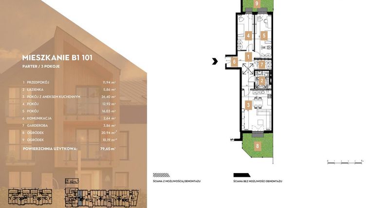 Rzut - Mieszkanie na sprzedaż 3 pokoje o powierzchni 79,65 m² - numer B1.101 w MOTTO Wojnów