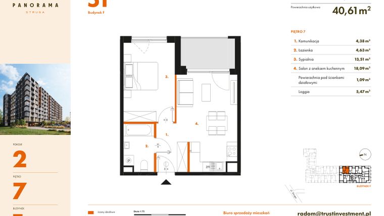 Rzut - Mieszkanie na sprzedaż 2 pokoje o powierzchni 41,7 m² - numer F51 w Panorama Struga