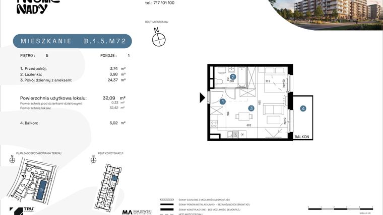 Rzut - Mieszkanie na sprzedaż 1 pokój o powierzchni 32,36 m² - numer B.1.5.M72 w Nowe Promenady etap II
