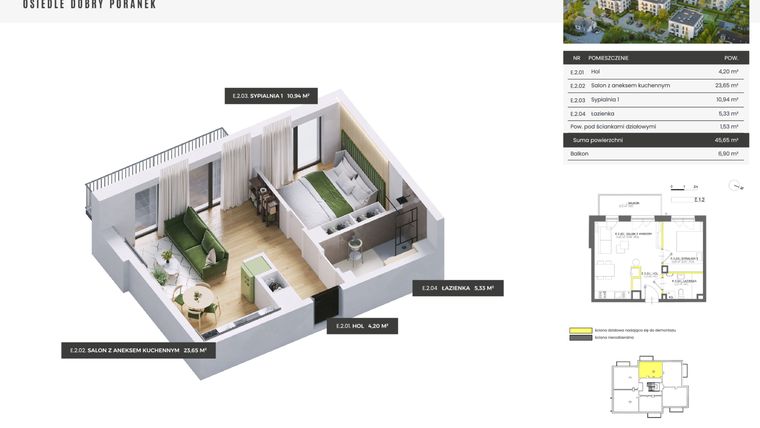 Rzut - Mieszkanie na sprzedaż 2 pokoje o powierzchni 45,65 m² - numer E.1.2 w Dobry Poranek