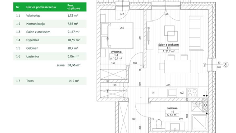 Rzut - Mieszkanie na sprzedaż 3 pokoje o powierzchni 58,36 m² - numer C6M11 w Nefrytowa Park