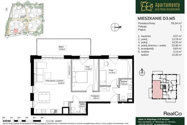 Rzut - Mieszkanie na sprzedaż 3 pokoje o powierzchni 78,34 m² - numer D3.M5 w Apartamenty przy Parku Szczytnickim