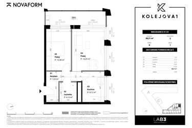 Rzut - Mieszkanie na sprzedaż 2 pokoje o powierzchni 48,21 m² - numer D-01-03 w Kolejova 1