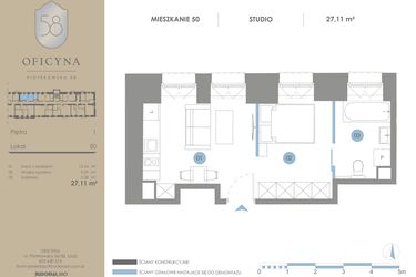Rzut - Mieszkanie na sprzedaż 1 pokój o powierzchni 27,11 m² - numer 50 w Oficyna - mieszkania