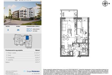Rzut - Mieszkanie na sprzedaż 2 pokoje o powierzchni 39,46 m² - numer 26 w Balantia