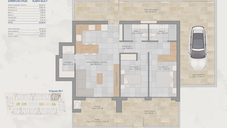 Rzut - Dom na sprzedaż 2 pokoje o powierzchni 58,45 m² - numer F w Domy w Torre-Pacheco - 81397791