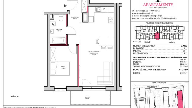 Rzut - Mieszkanie na sprzedaż 2 pokoje o powierzchni 51,25 m² - numer B.62 w Apartamenty Grójeckie Ogrody