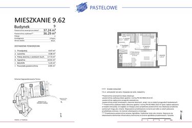 Rzut - Mieszkanie na sprzedaż 2 pokoje o powierzchni 36,29 m² - numer 9.62 w Osiedle Pastelowe etap IV