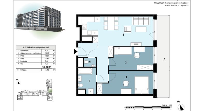 Rzut - Mieszkanie na sprzedaż 3 pokoje o powierzchni 69,3 m² - numer 10.K2.04 w Langiewicza 37