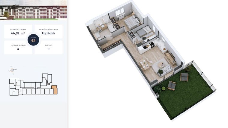 Rzut - Mieszkanie na sprzedaż 3 pokoje o powierzchni 66,91 m² - numer 45 w Apartamenty Home Premium etap 2