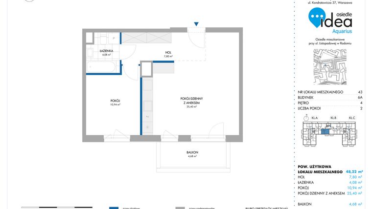 Rzut - Mieszkanie na sprzedaż 2 pokoje o powierzchni 48,22 m² - numer 6A/43 w Osiedle Idea Aquarius
