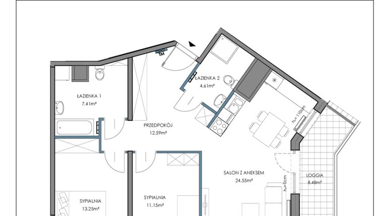 Rzut - Mieszkanie na sprzedaż 3 pokoje o powierzchni 73,65 m² - numer 1B.184E w Osiedle Horizon