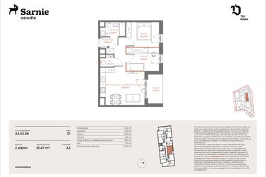 Rzut - Mieszkanie na sprzedaż 3 pokoje o powierzchni 51,47 m² - numer A3-02.06 w Sarnie Osiedle