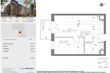 Rzut - Mieszkanie na sprzedaż 2 pokoje o powierzchni 36,65 m² - numer I-B63 w Industria etap I-B