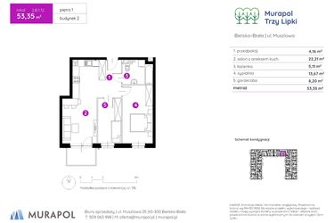 Rzut - Mieszkanie na sprzedaż 2 pokoje o powierzchni 53,35 m² - numer 2.B.1.12 w Murapol Trzy Lipki etap II