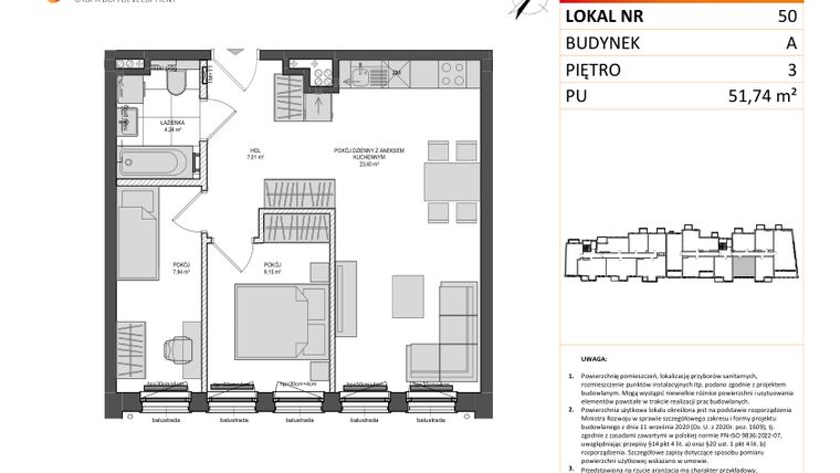 Rzut - Mieszkanie na sprzedaż 3 pokoje o powierzchni 51,74 m² - numer A.50 w Jaskółcza