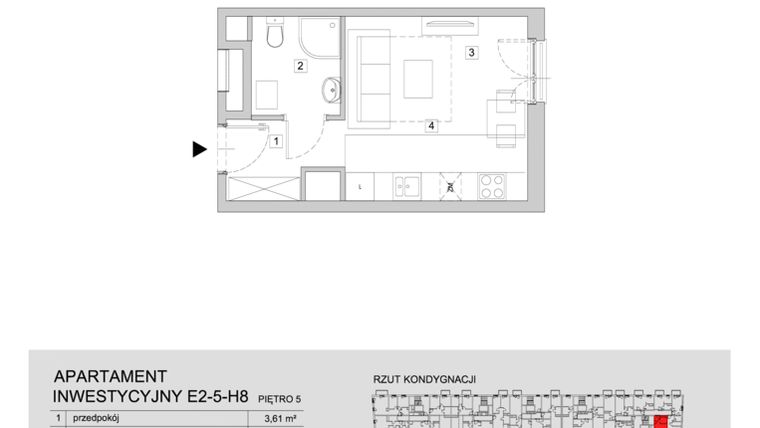 Rzut - Mieszkanie na sprzedaż 1 pokój o powierzchni 22,56 m² - numer E2-5-H8 w ATAL City Square etap IV - Apartamenty Inwestycyjne