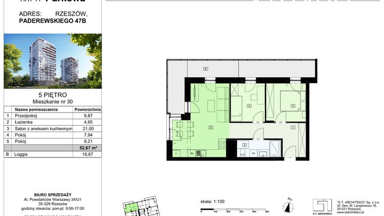 Rzut - Mieszkanie na sprzedaż 3 pokoje o powierzchni 52,67 m² - numer 30/B7 w Dzielnica Parkowa VII