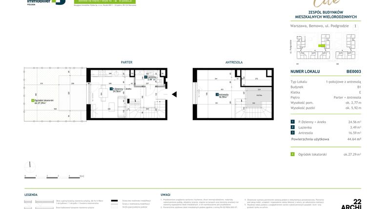 Rzut - Mieszkanie na sprzedaż 1 pokój o powierzchni 44,53 m² - numer BE0003 w Viva Cité