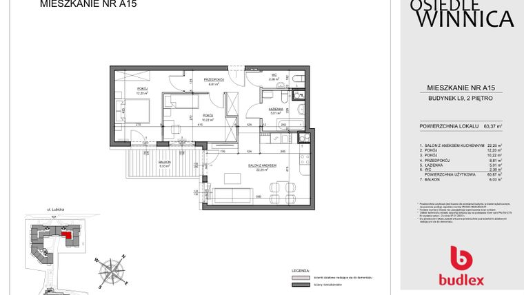 Rzut - Mieszkanie na sprzedaż 3 pokoje o powierzchni 63,37 m² - numer A15 w Osiedle Winnica L9