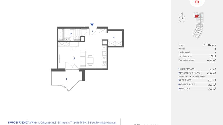 Rzut - Mieszkanie na sprzedaż 1 pokój o powierzchni 36,99 m² - numer C1.1.1 w Mieszkaj w mieście - przy Bonarce