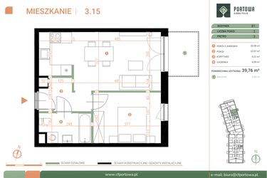Rzut - Mieszkanie na sprzedaż 2 pokoje o powierzchni 39,76 m² - numer M.03.15 w Casa Feliz Portowa II