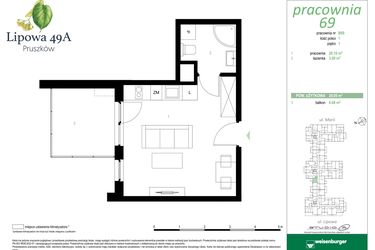 Rzut - Mieszkanie na sprzedaż 1 pokój o powierzchni 24,05 m² - numer 69B w Lipowa 49A - Apartamenty inwestycyjne