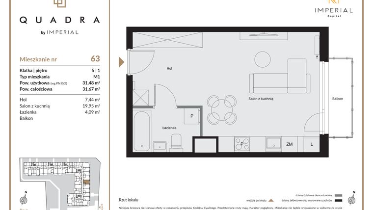 Rzut - Mieszkanie na sprzedaż 1 pokój o powierzchni 31,48 m² - numer 63 w QUADRA