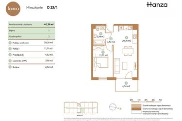 Rzut - Mieszkanie na sprzedaż 2 pokoje o powierzchni 40,39 m² - numer D23-1 w Fauna